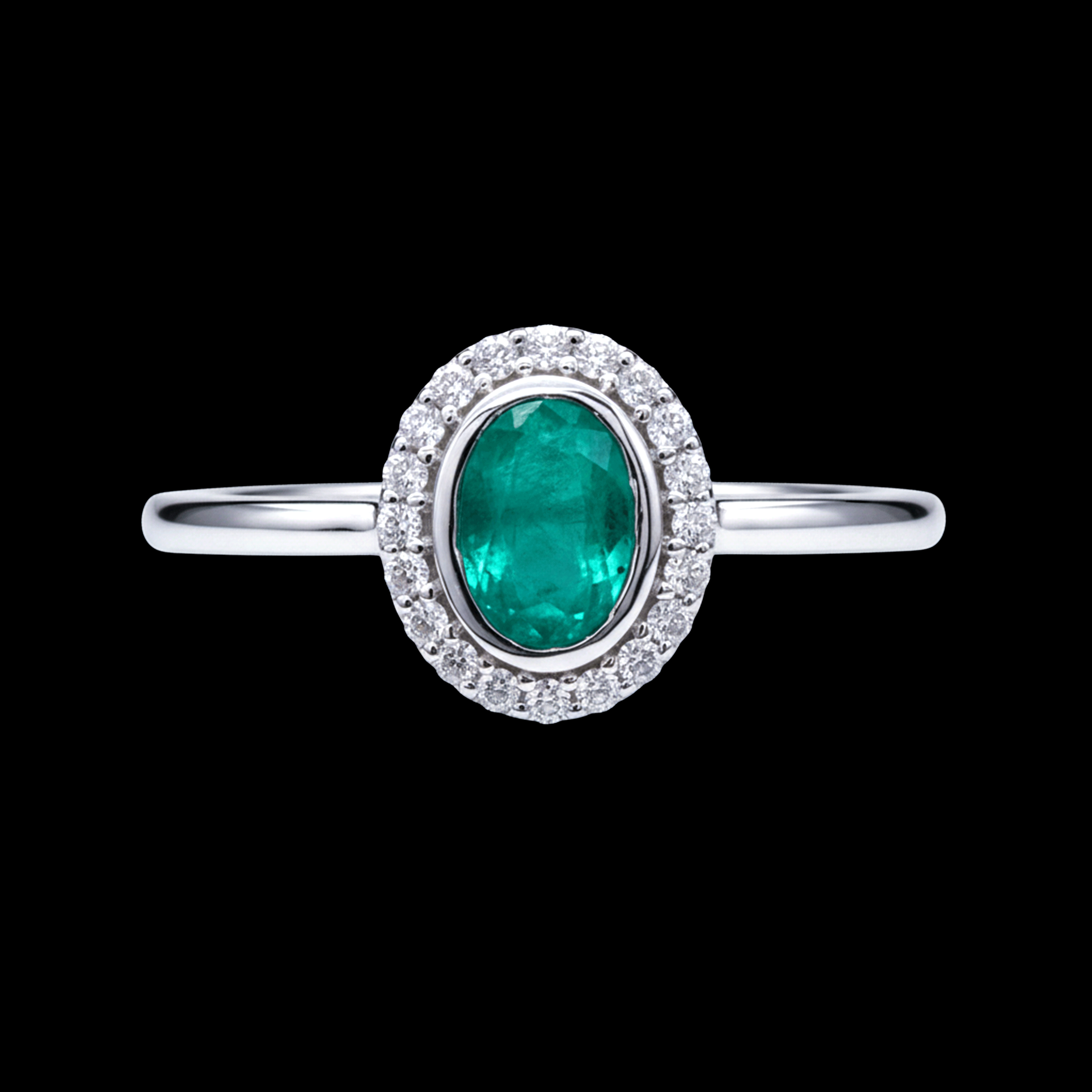 Anillo con Diamantes Blancos en Bisel y Esmeralda en Centro