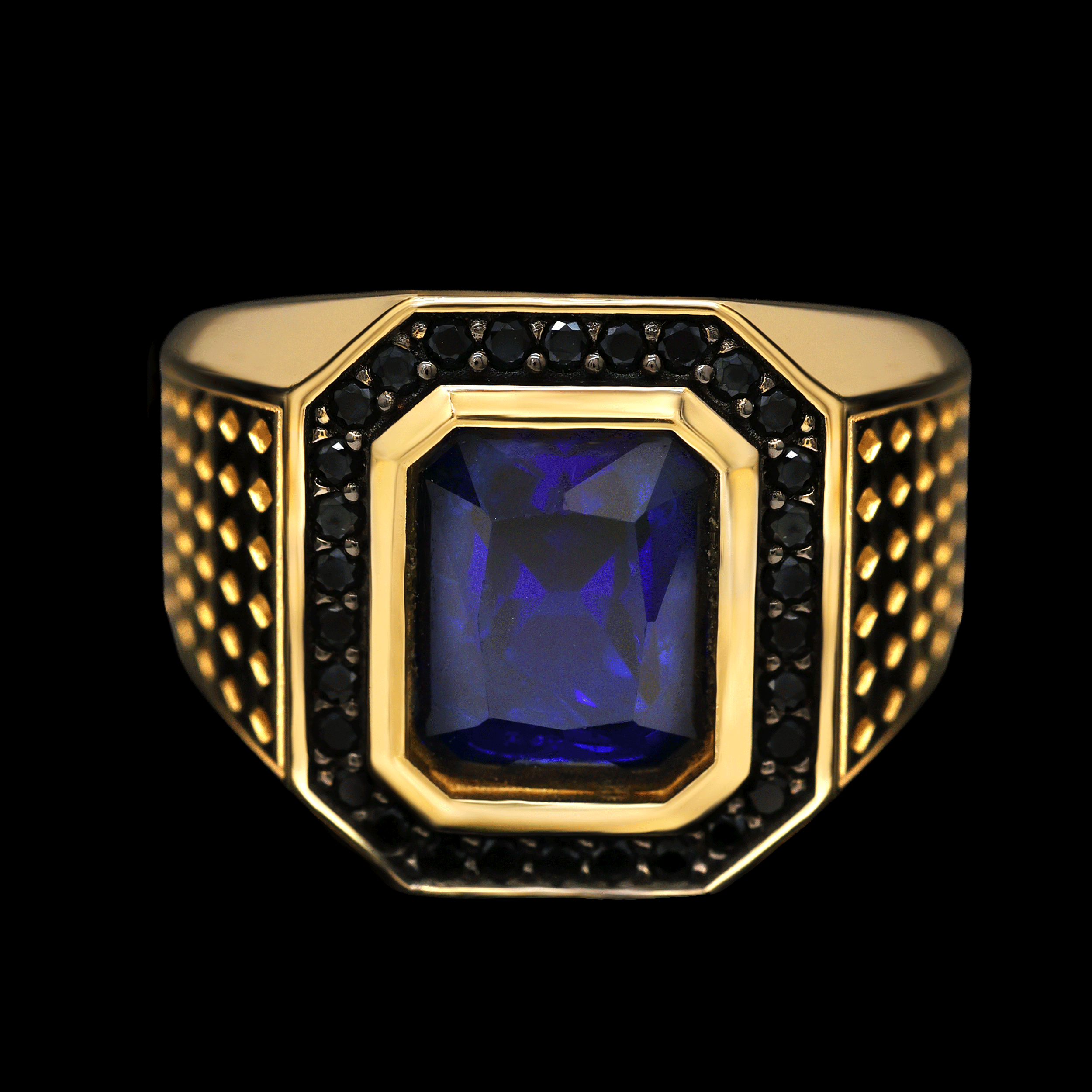 ANILLO BISEL C/ZN NEGRA PIEDRA CENTRAL AZUL 10K