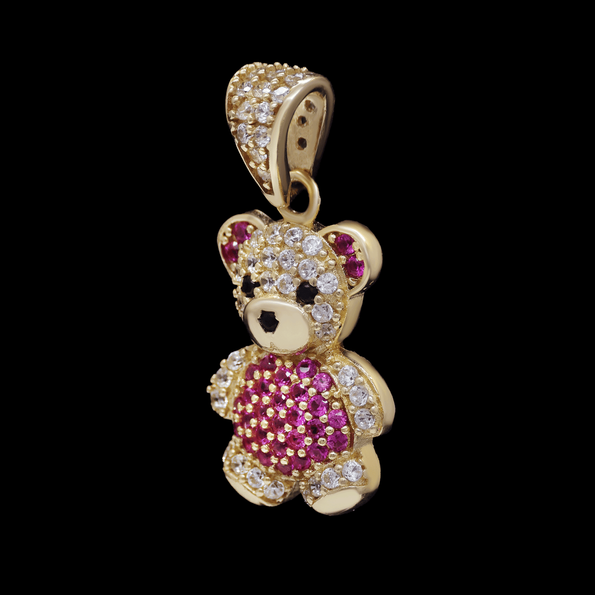 DIJE OSO CHICO CON ZIRCONIAS FUCSIA Y BLANCAS 10K