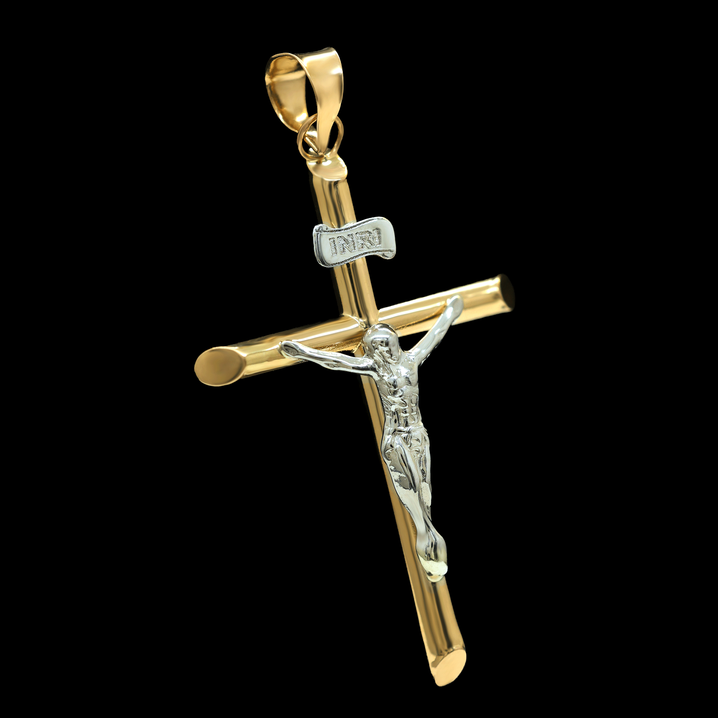 DIJE CRUZ TUBULAR CON CRISTO BLANCO 14K