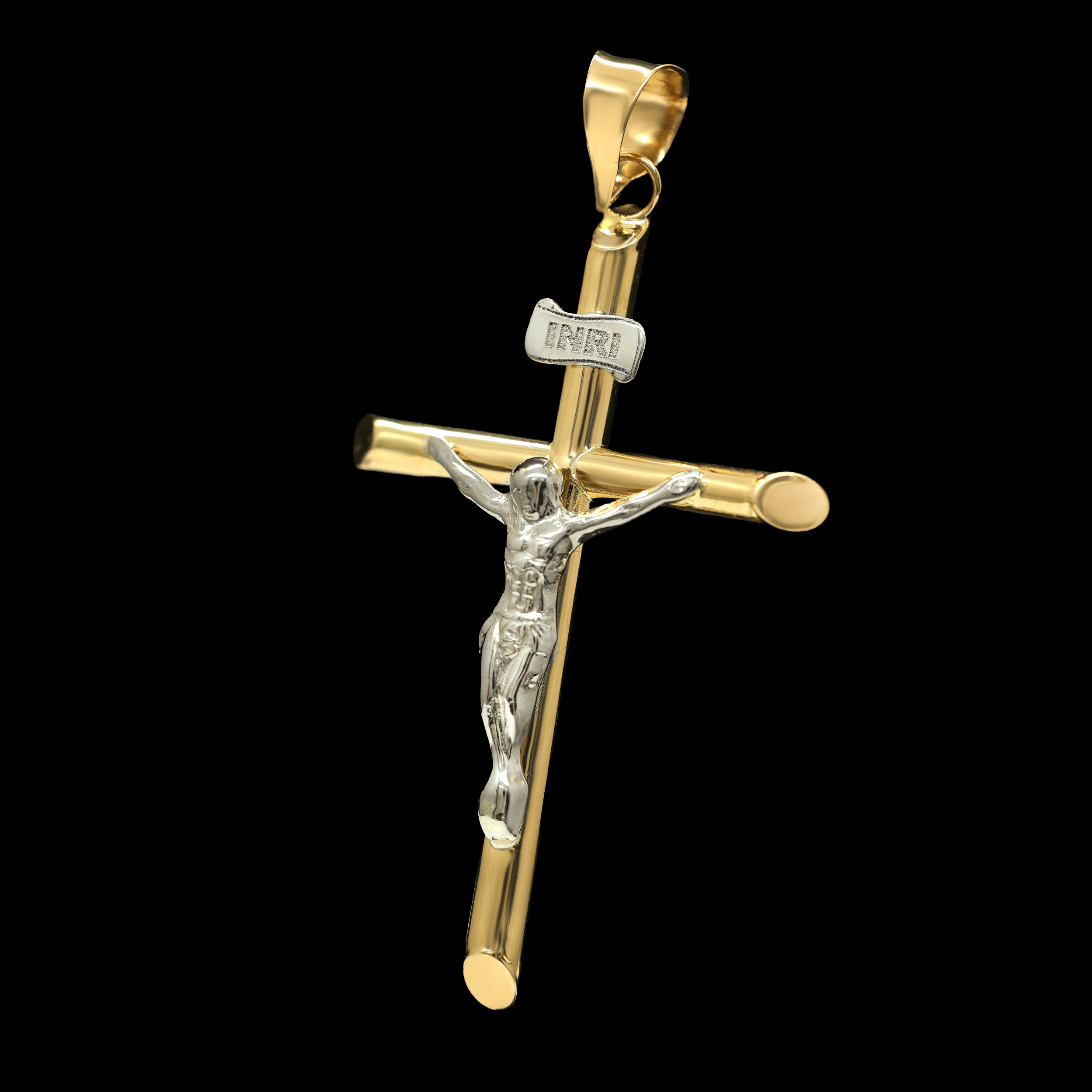 DIJE CRUZ TUBULAR CON CRISTO BLANCO 14K