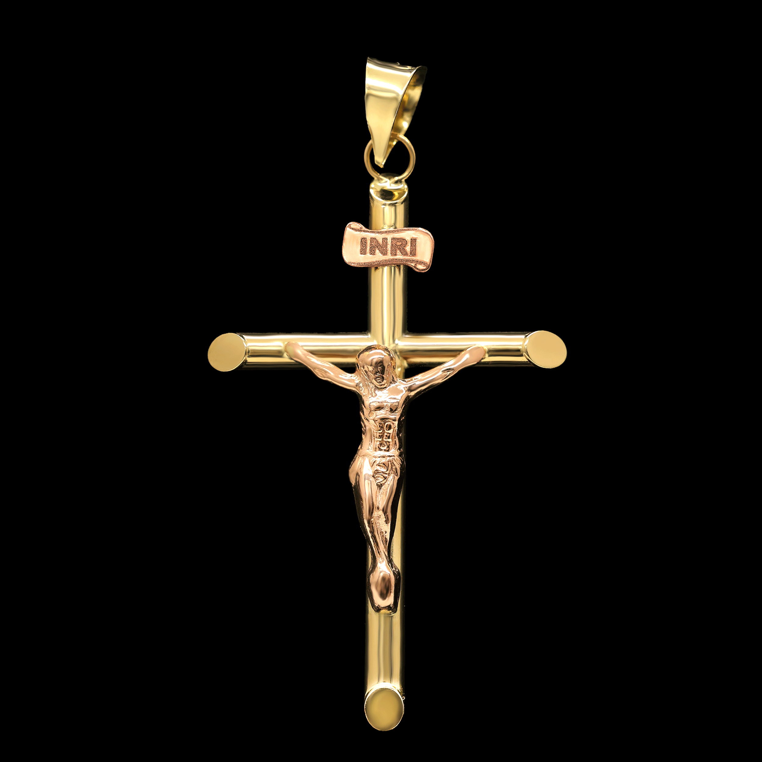 DIJE CRUZ TUBULAR CON CRISTO 14K