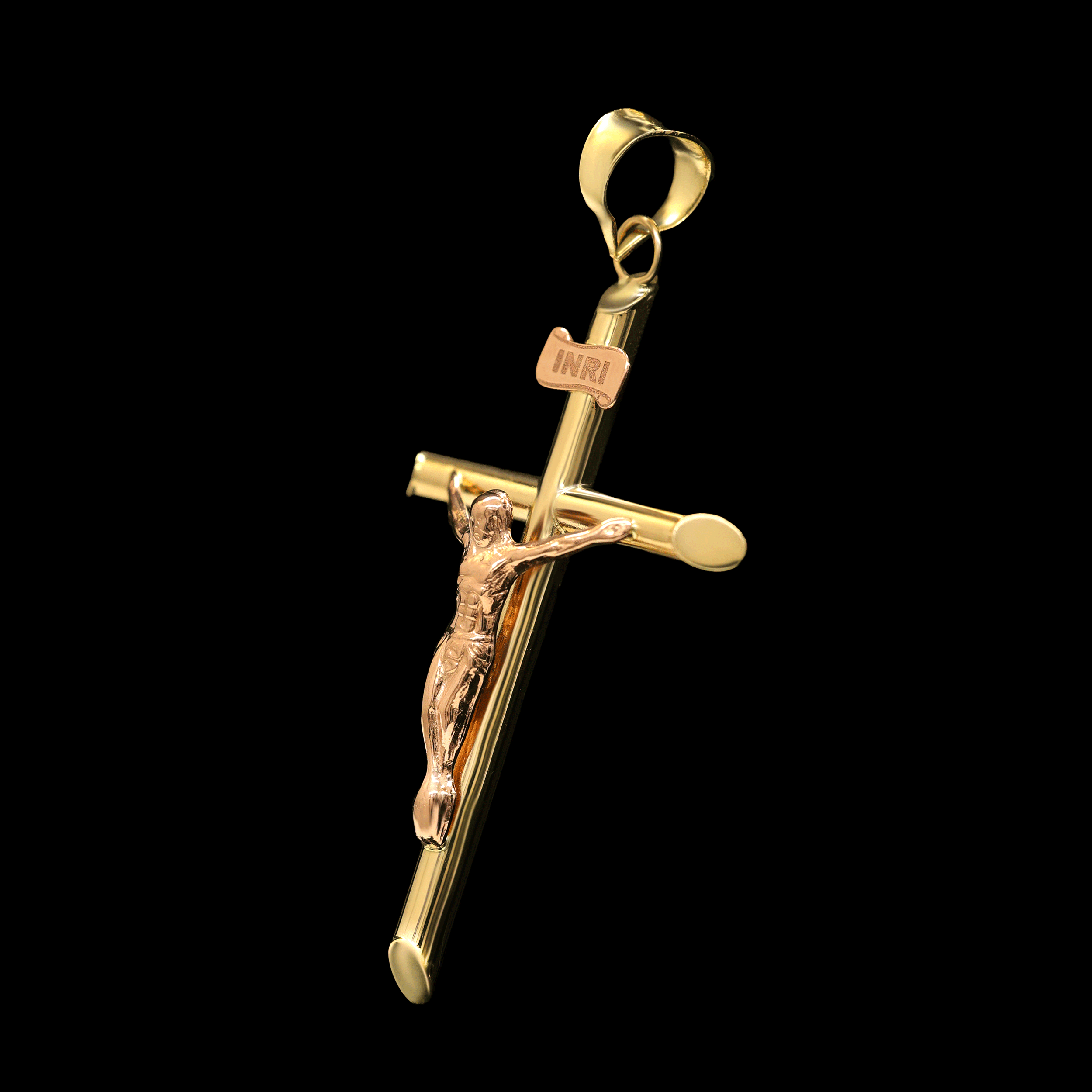 DIJE CRUZ TUBULAR CON CRISTO 14K