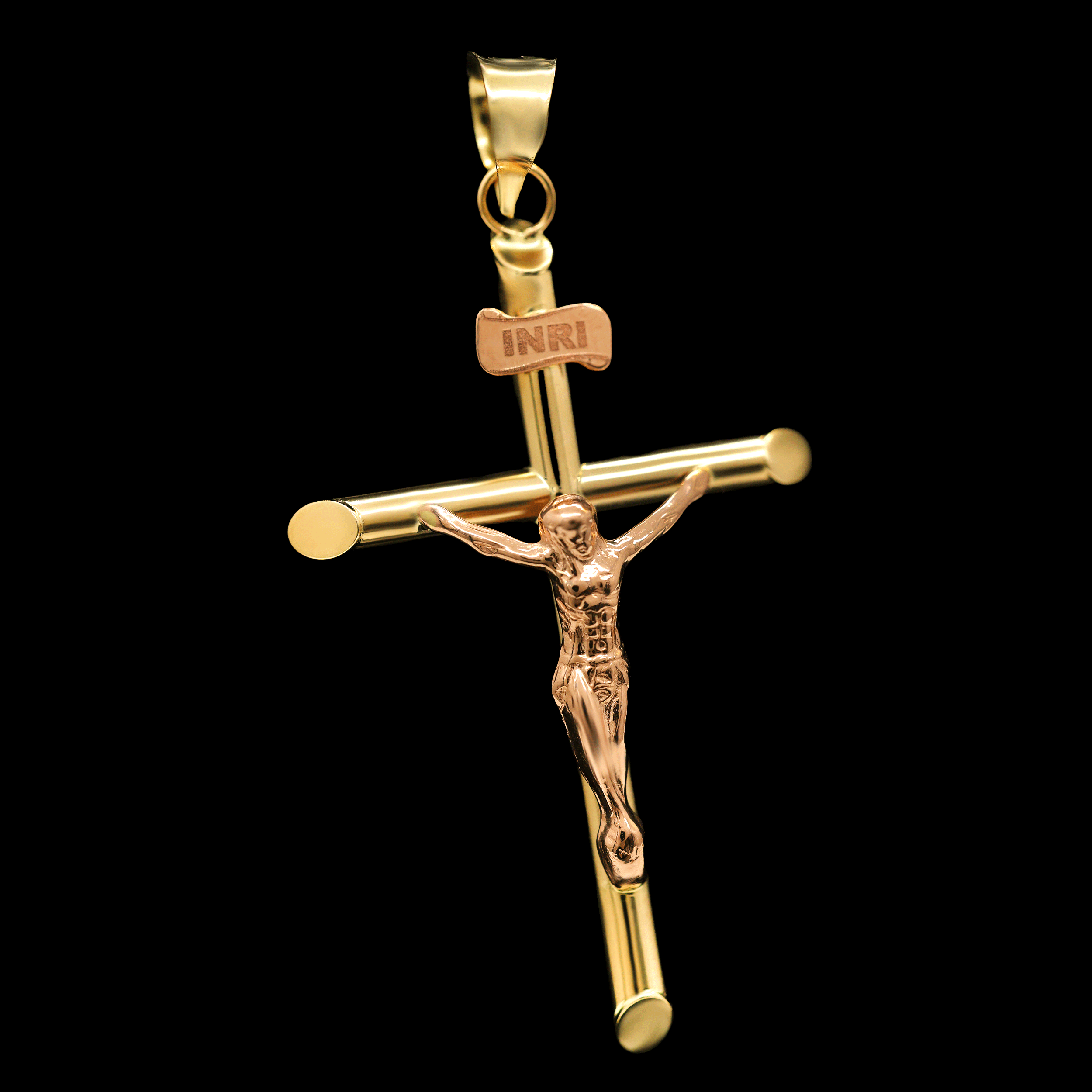 DIJE CRUZ TUBULAR CON CRISTO 14K