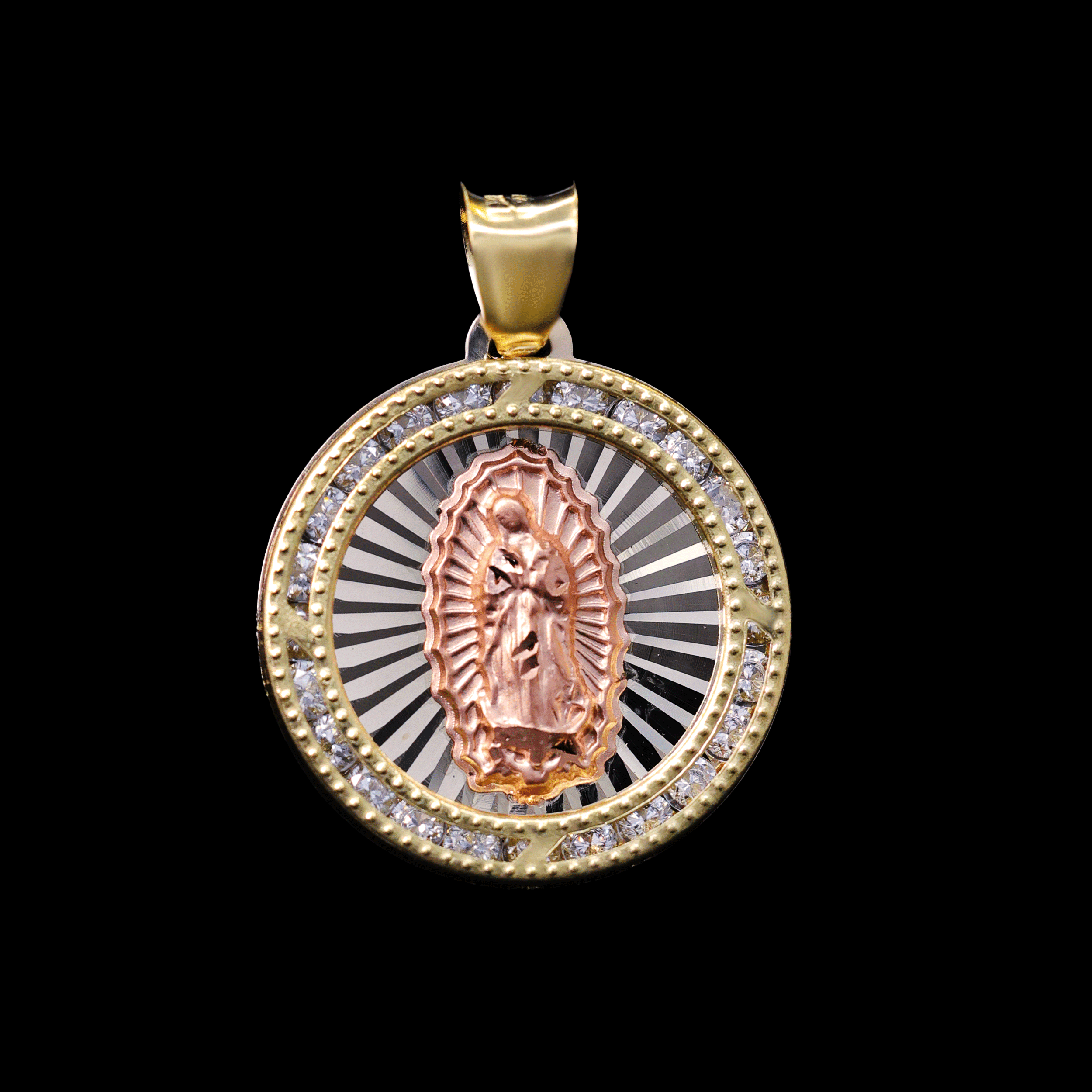 MEDALLA REDONDA VIRGEN BISEL C/ZN BLANCA BITONO 10K