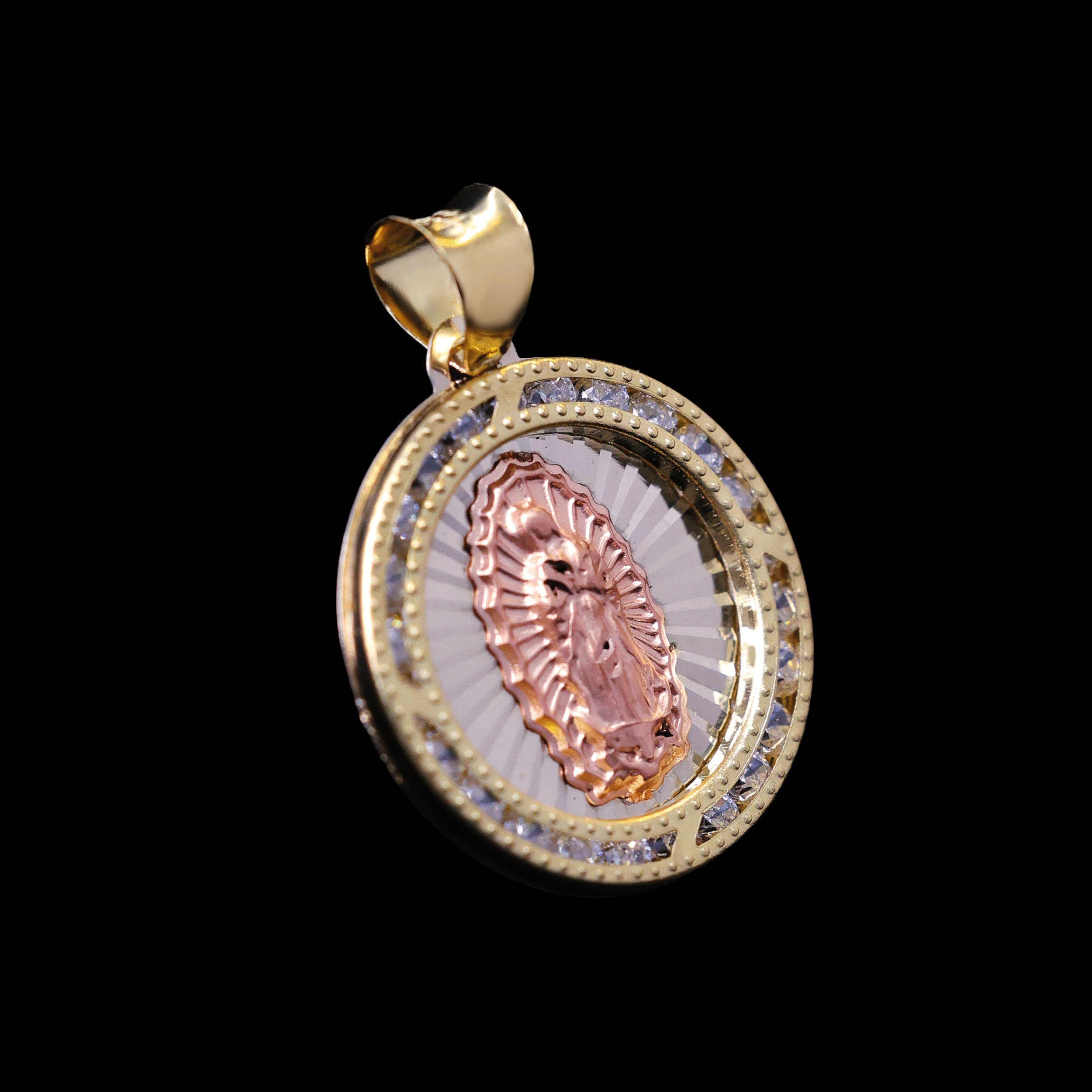 MEDALLA REDONDA VIRGEN BISEL C/ZN BLANCA BITONO 10K