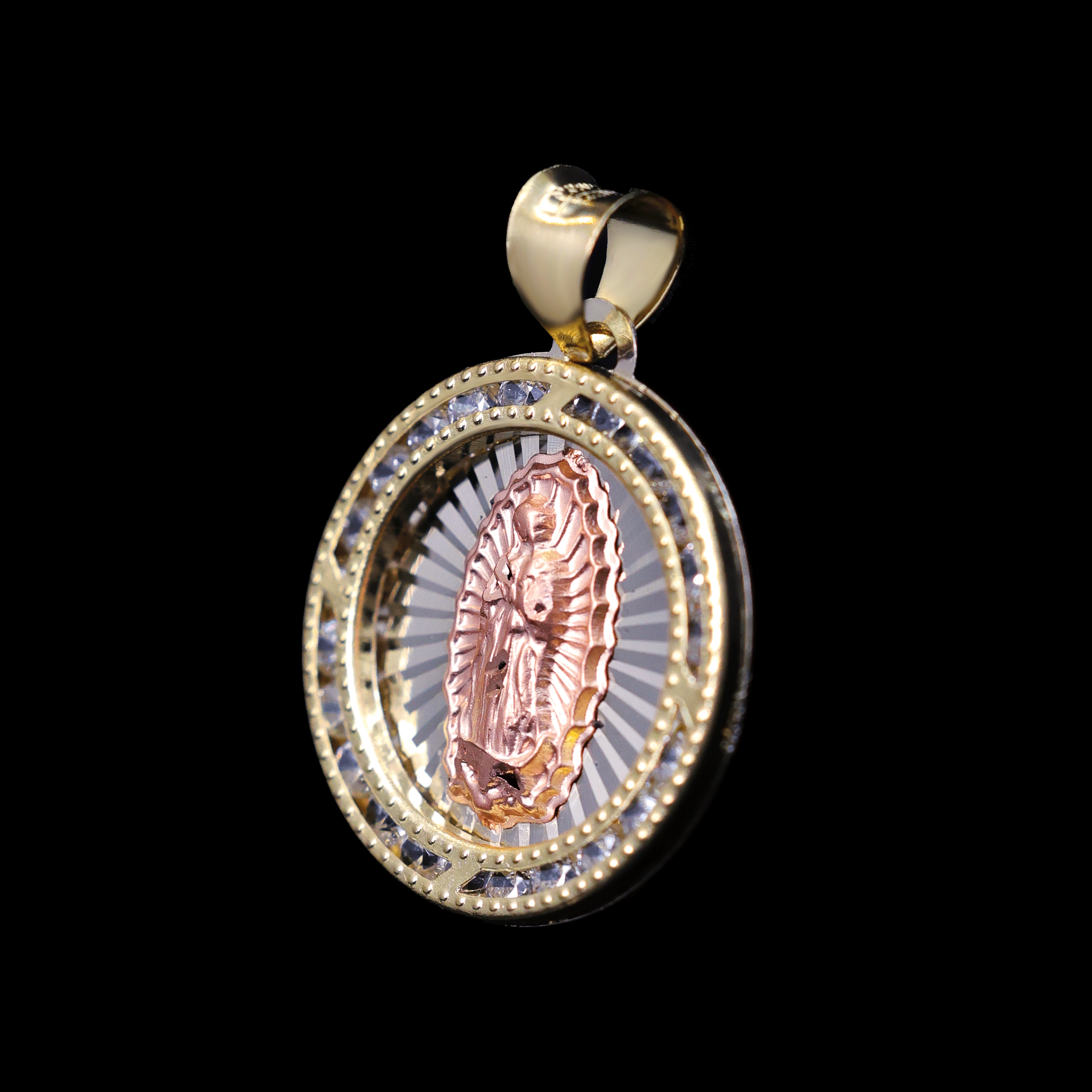 MEDALLA REDONDA VIRGEN BISEL C/ZN BLANCA BITONO 10K