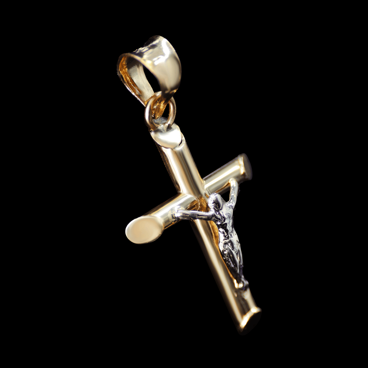 Dije de Crucifijo Tubular en Oro Bicolor de 10K