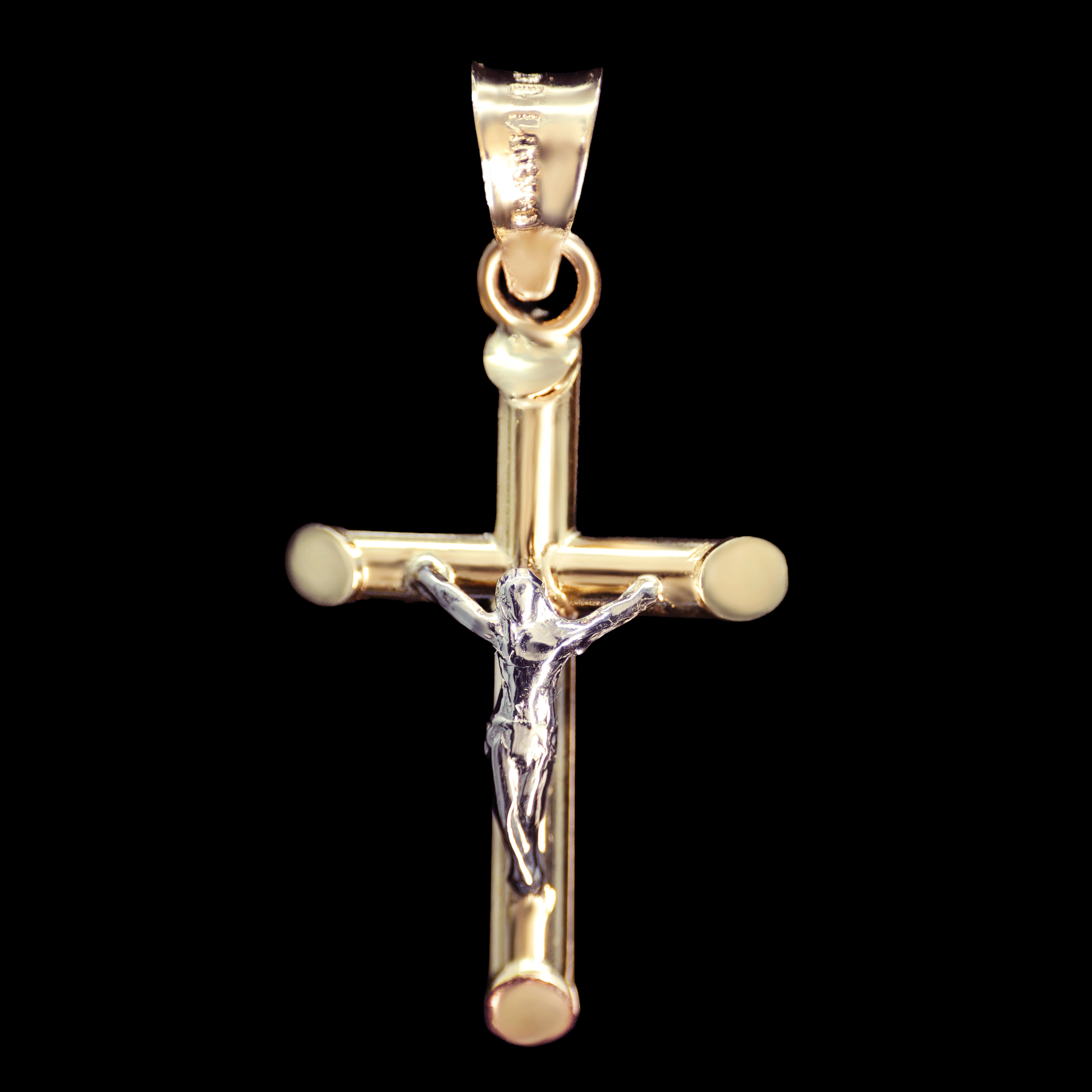 DIJE CRUZ TUBULAR CON CRISTO BLANCO MINI 10K