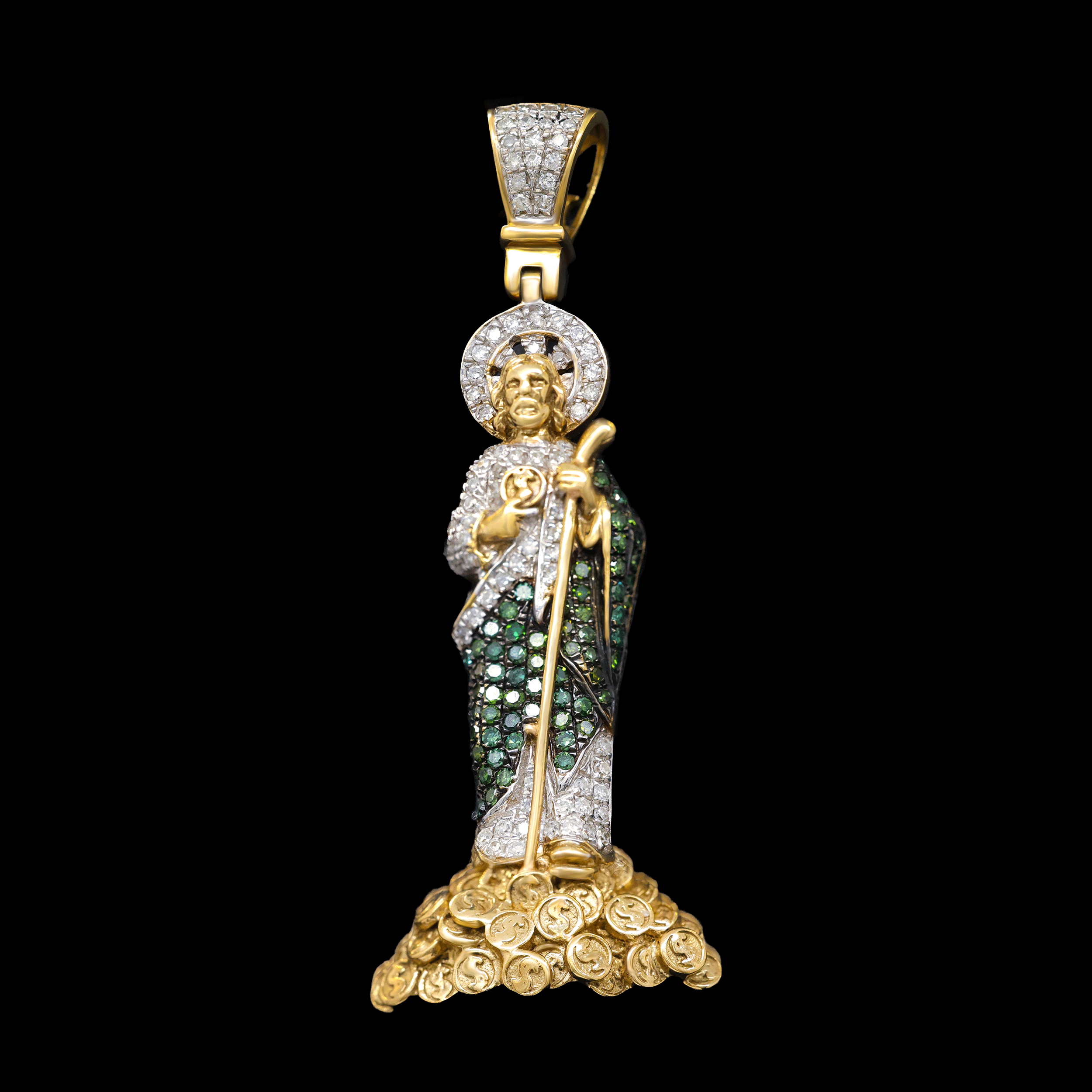 Dije de San Judas con Diamantes Blancos y Verdes con Monedas