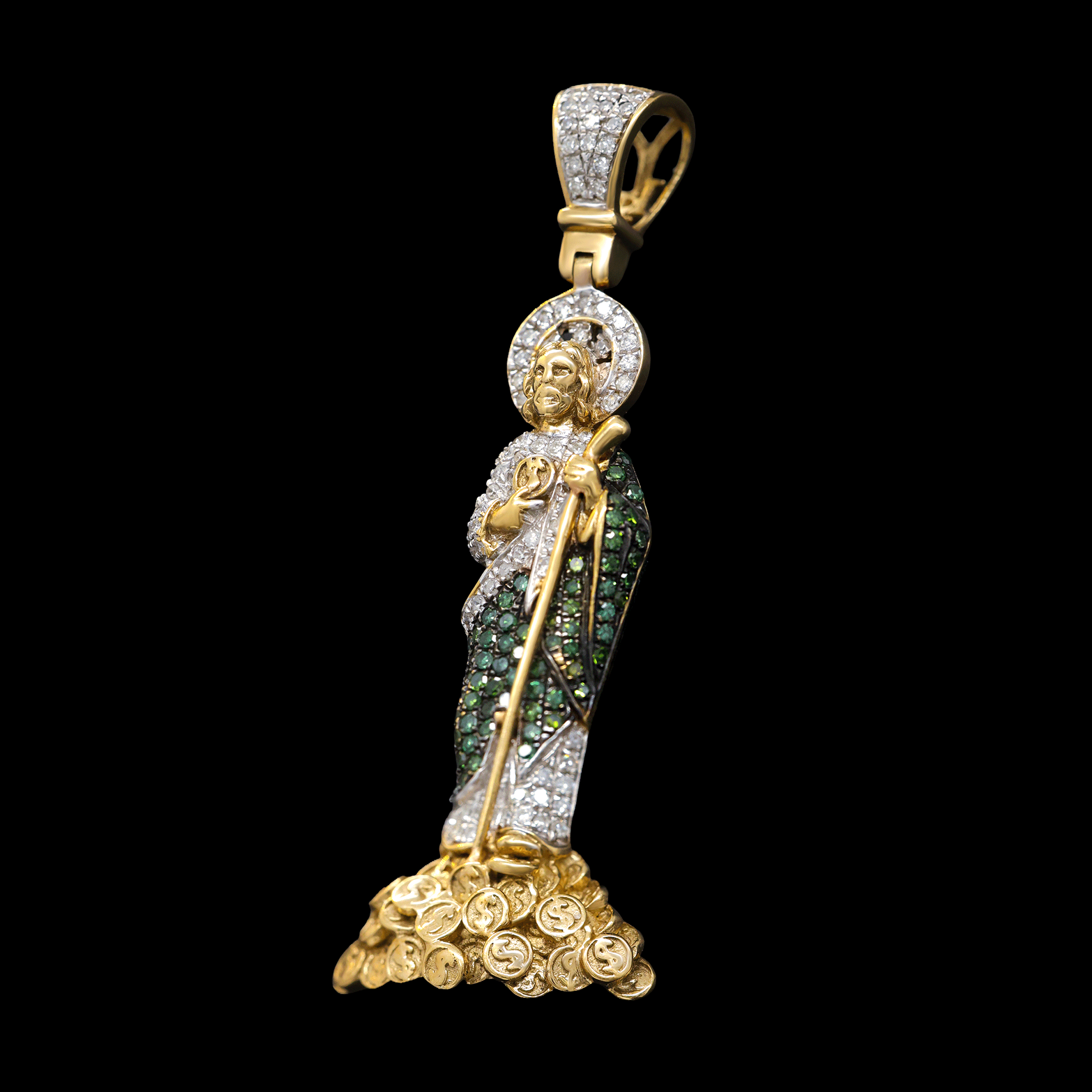 Dije de San Judas con Diamantes Blancos y Verdes con Monedas