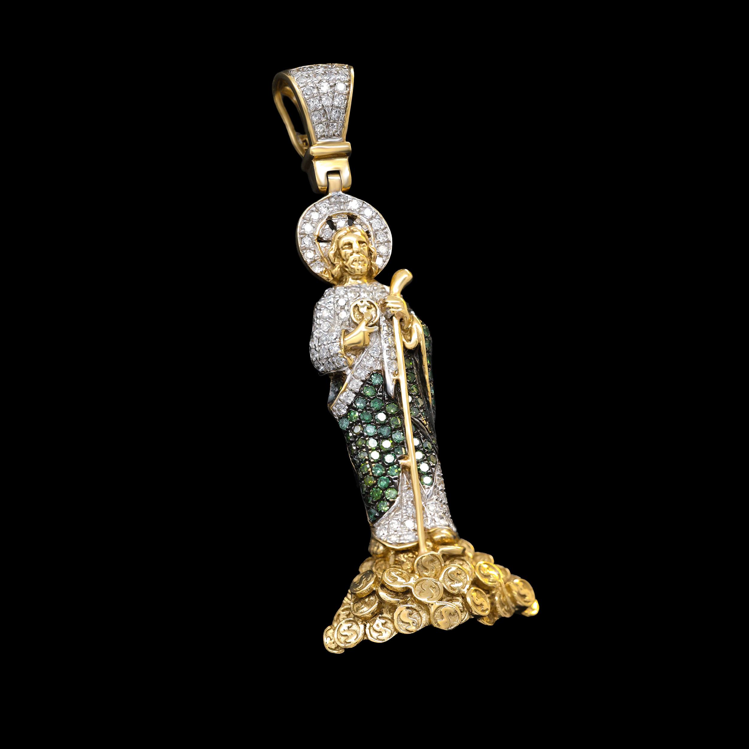 Dije de San Judas con Diamantes Blancos y Verdes con Monedas