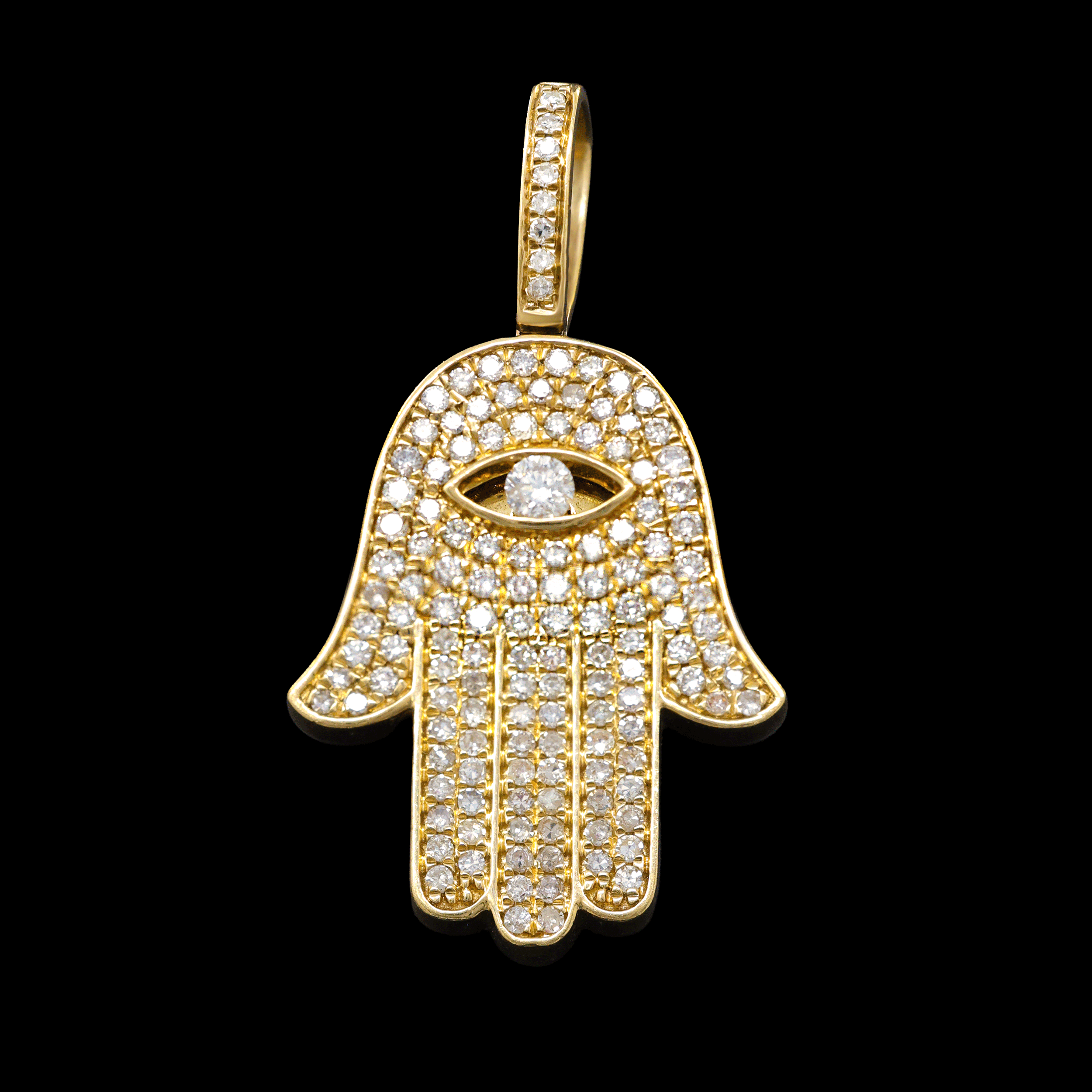 Dije Amarillo de Mano de Fátima (Hamsa) con Ojo Turco con Diamantes