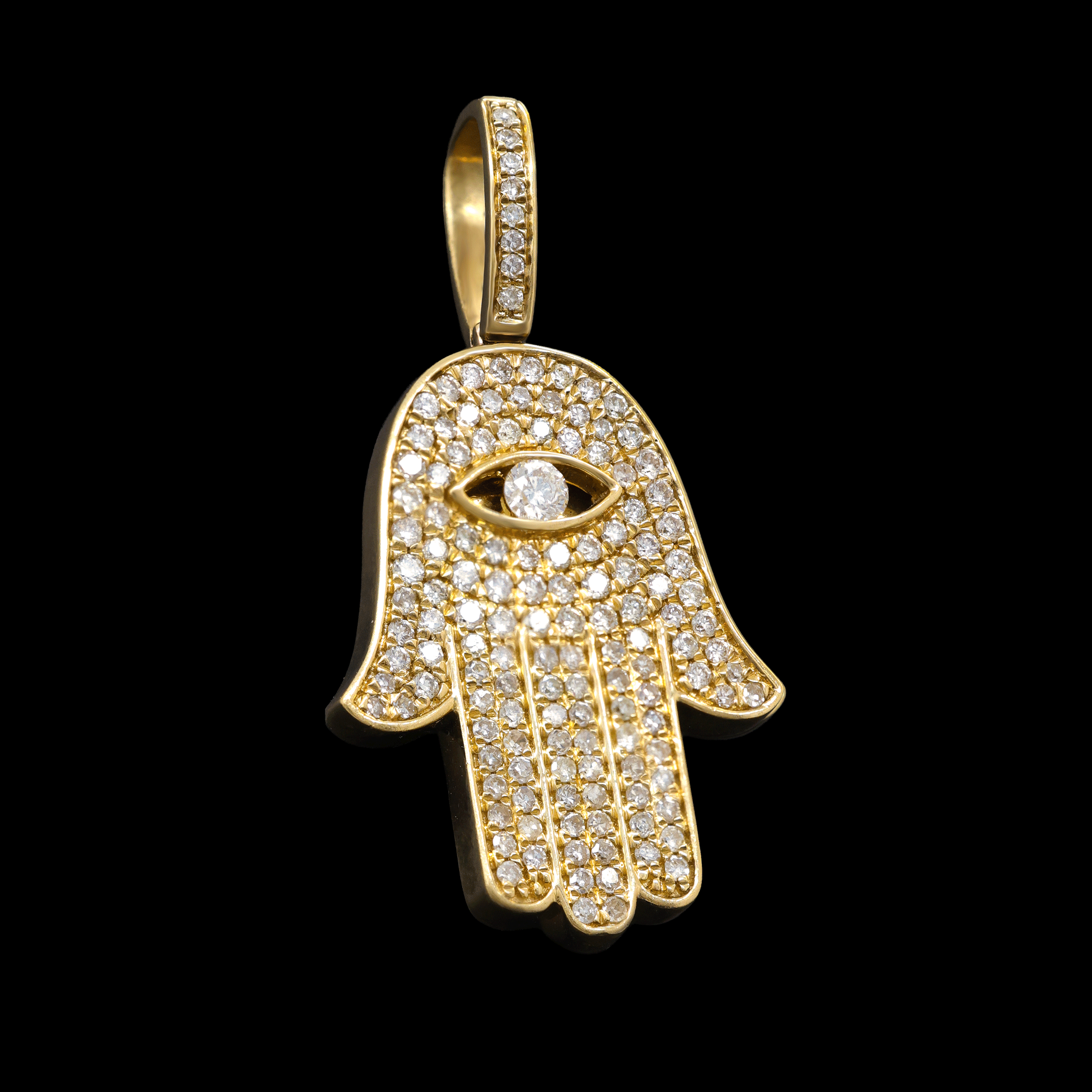 Dije Amarillo de Mano de Fátima (Hamsa) con Ojo Turco con Diamantes