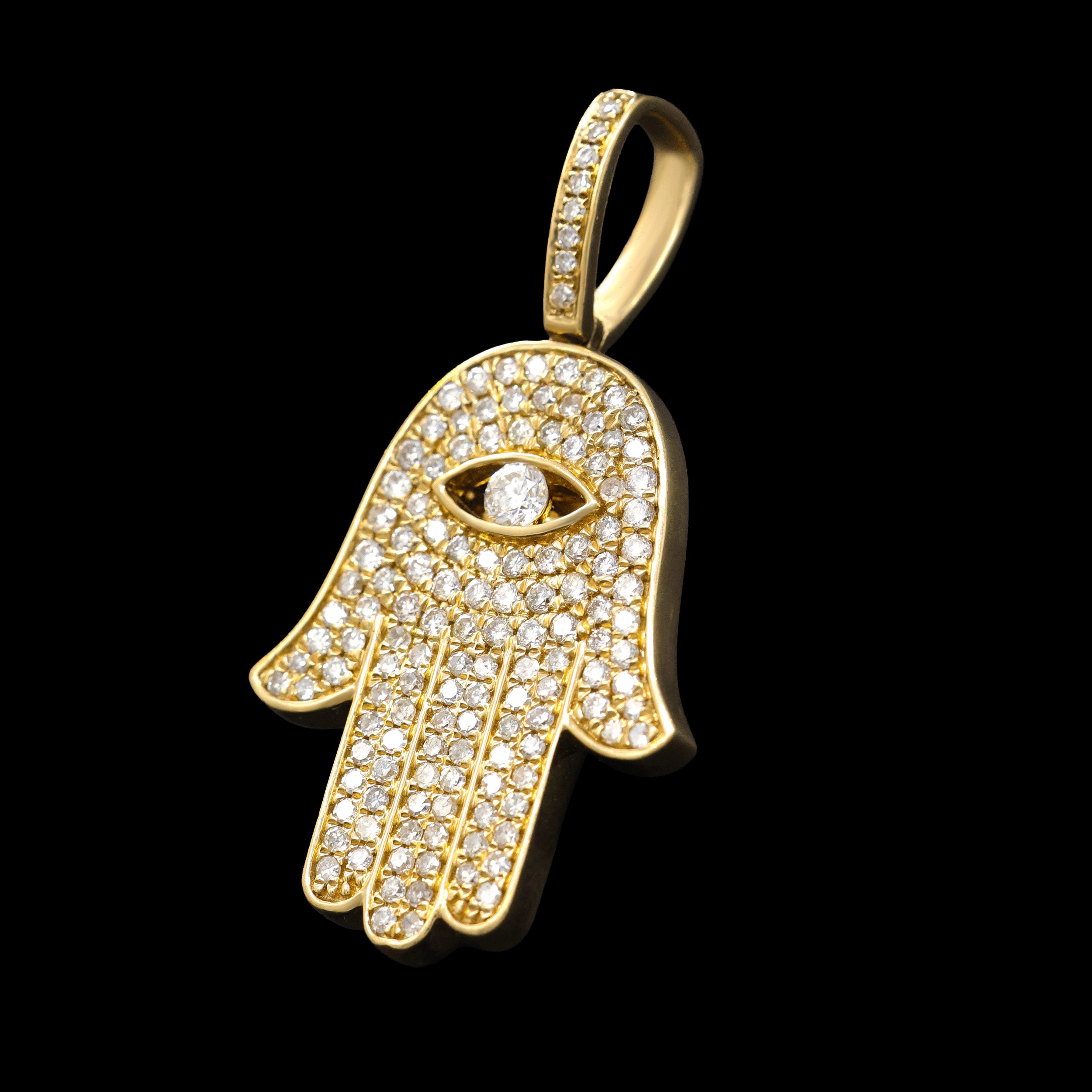 Dije Amarillo de Mano de Fátima (Hamsa) con Ojo Turco con Diamantes