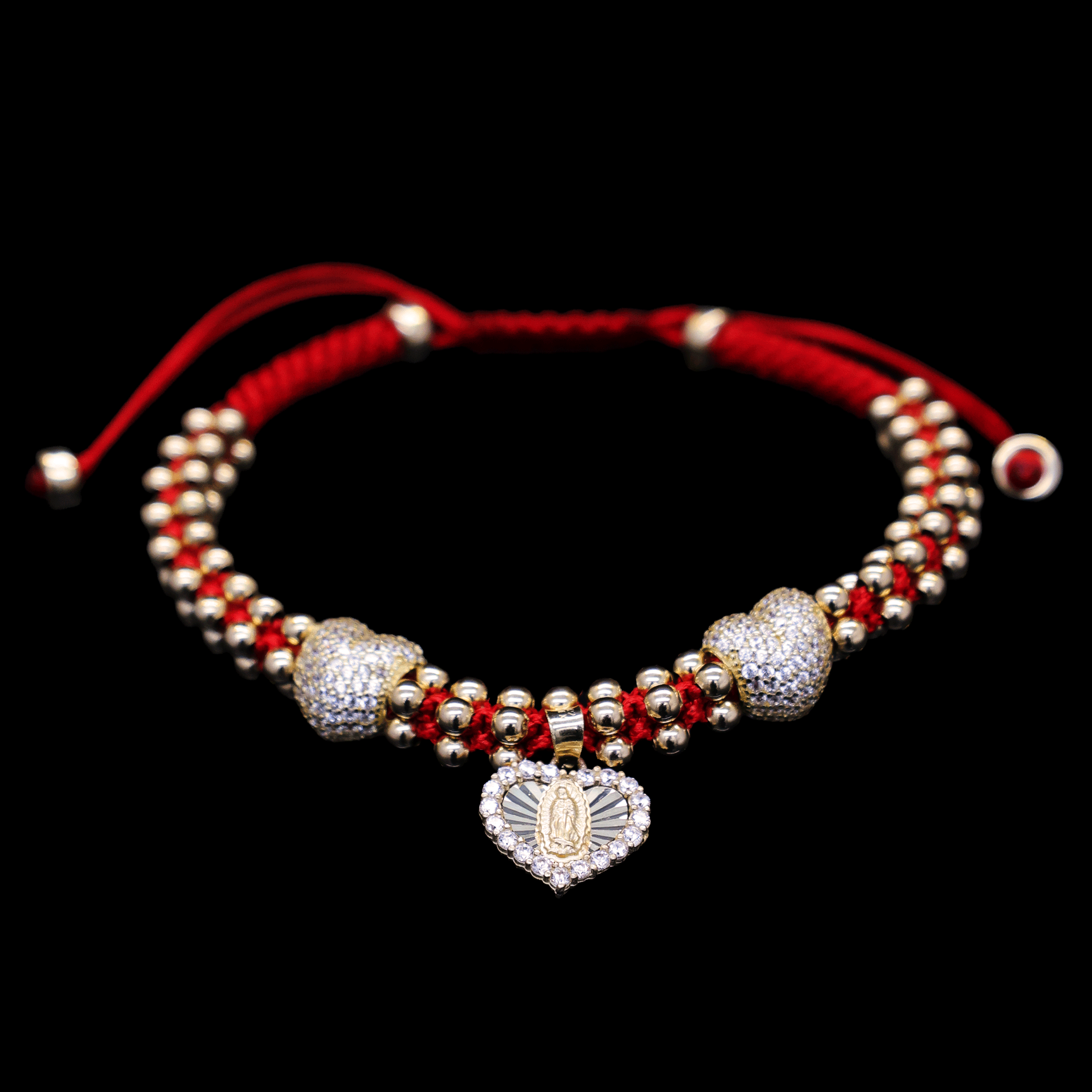 PULCERA TEJIDA HILO ROJO DIJE 10K CORAZONES/VIRGEN