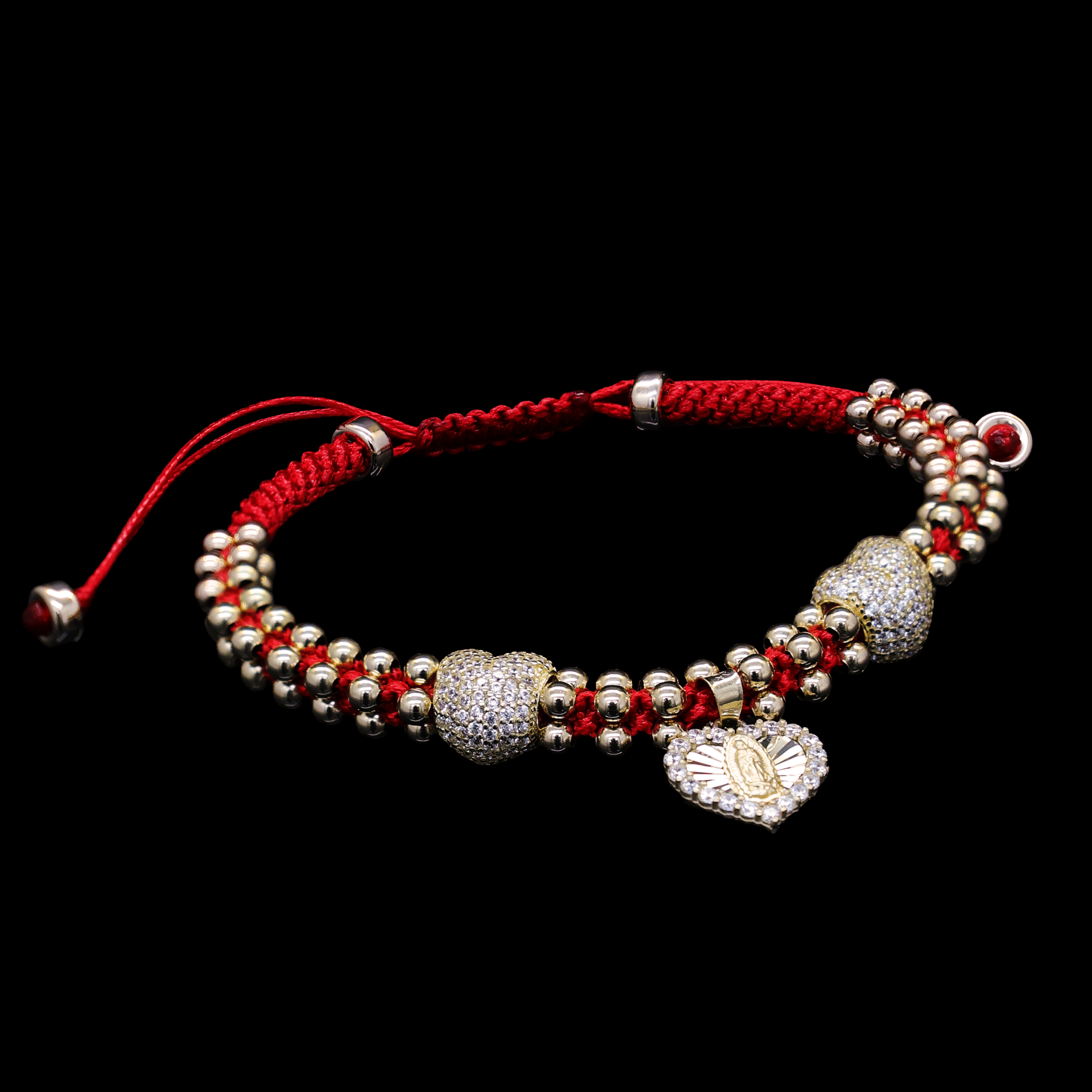 PULCERA TEJIDA HILO ROJO DIJE 10K CORAZONES/VIRGEN