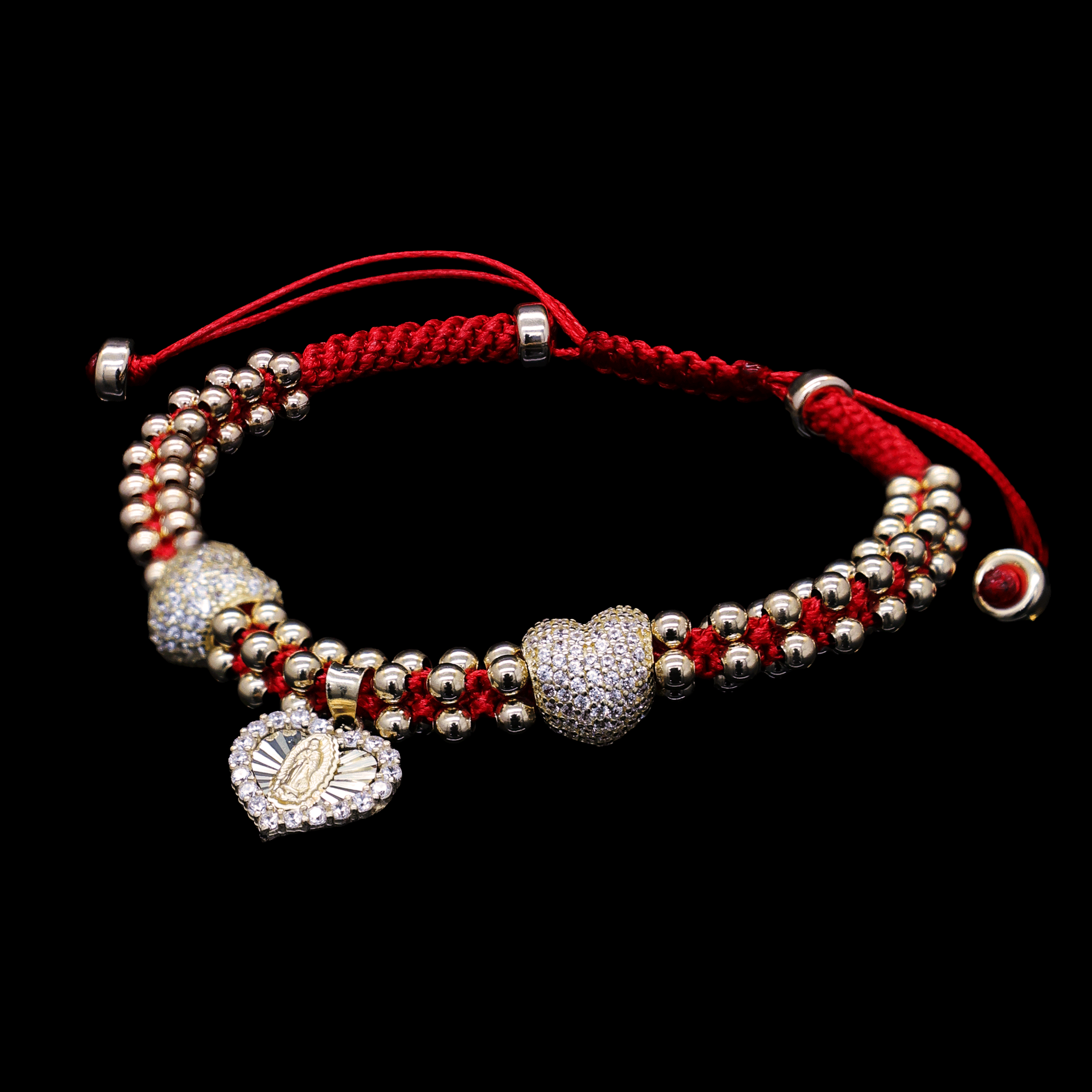 PULCERA TEJIDA HILO ROJO DIJE 10K CORAZONES/VIRGEN