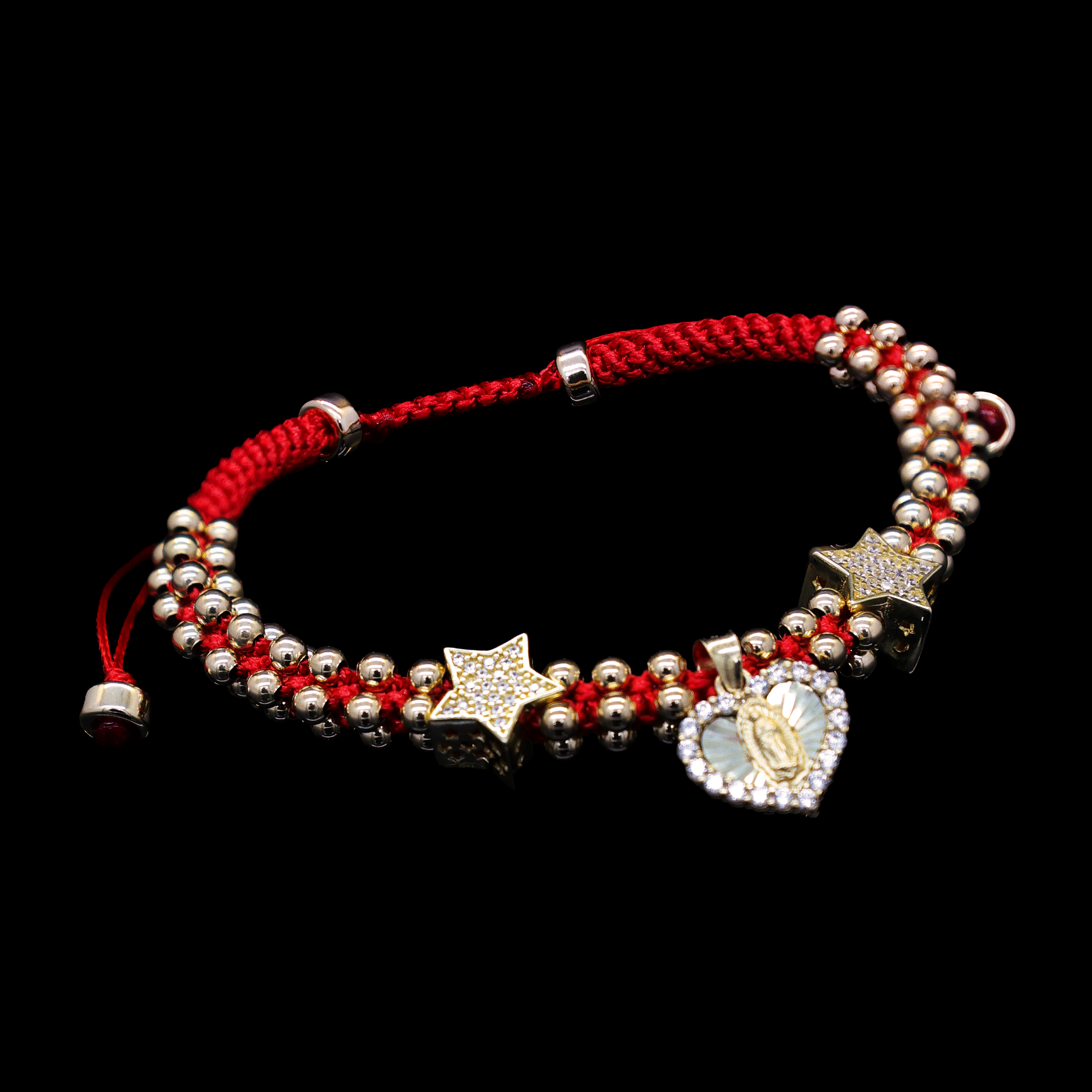PULCERA TEJIDA HILO ROJO DIJE 10K /ESTRELLA/CORAZON/VIRGEN