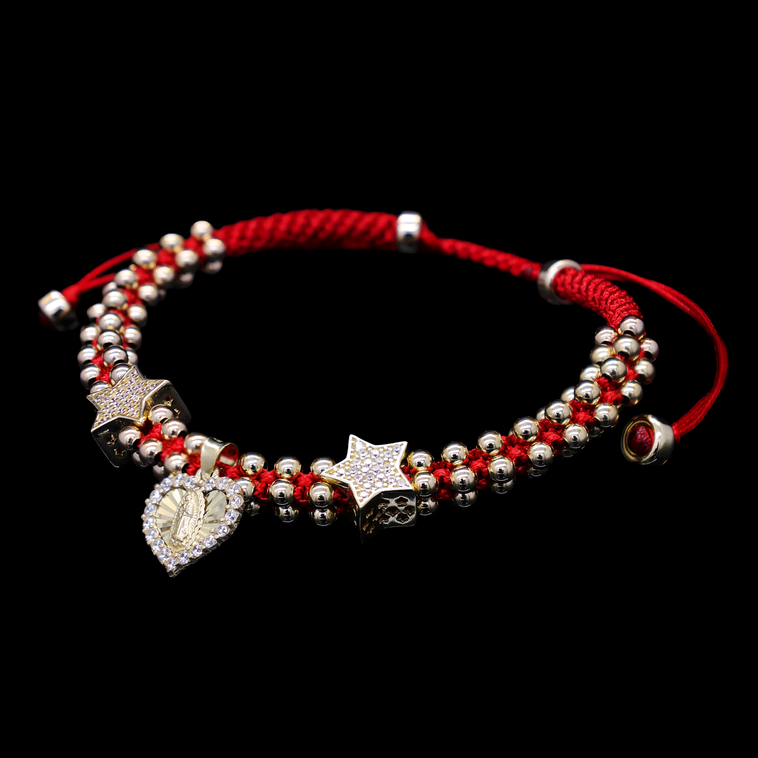 PULCERA TEJIDA HILO ROJO DIJE 10K /ESTRELLA/CORAZON/VIRGEN
