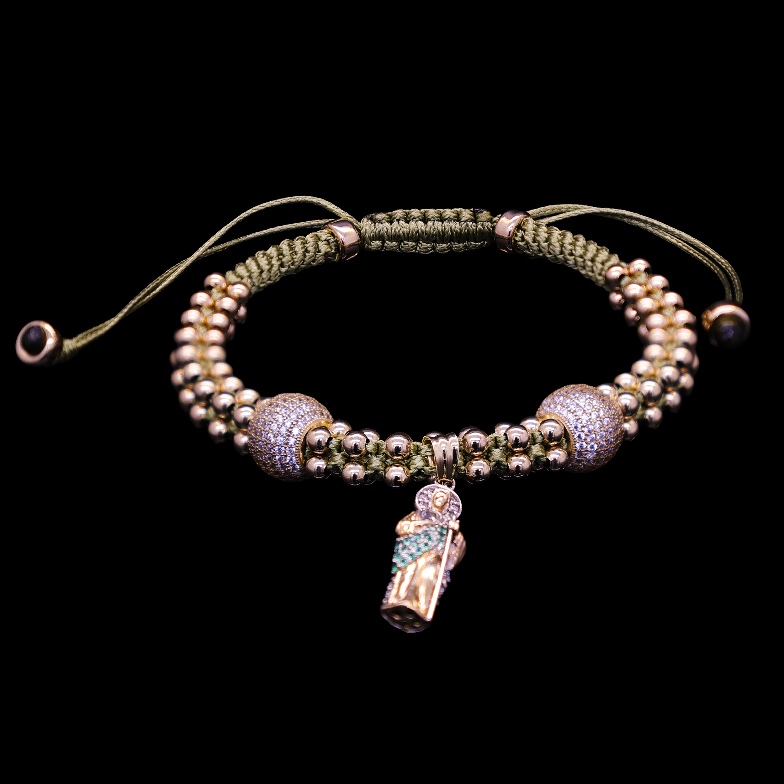 PULCERA TEJIDA HILO VERDE DIJE SAN JUDAS 10K