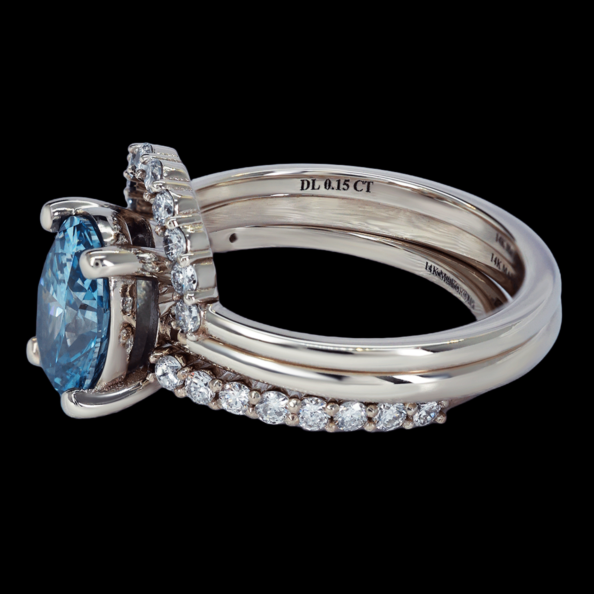 ANILLO TRIO C/DIAM LAB /OVAL FANCY BLUE 1.5CT 14K