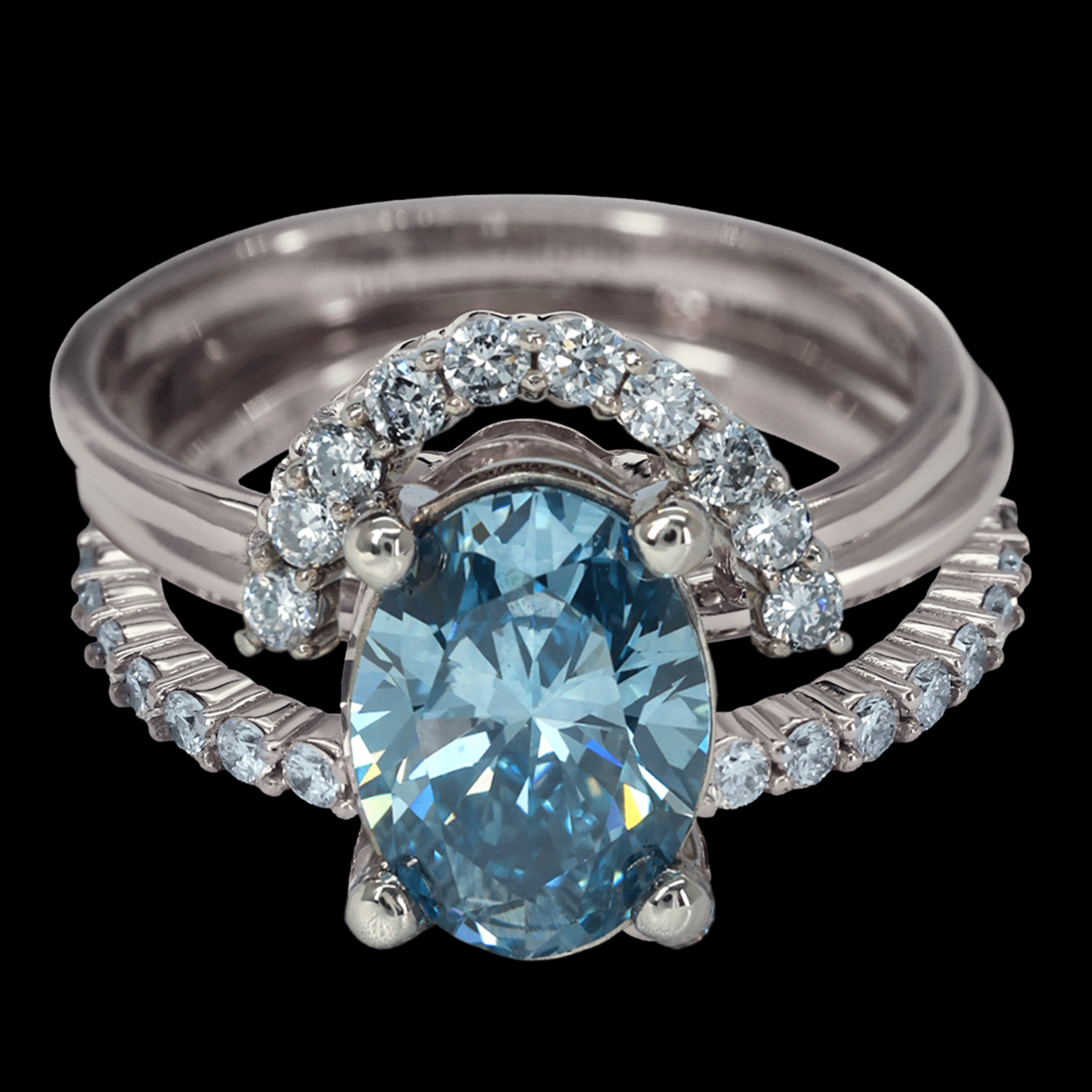 ANILLO TRIO C/DIAM LAB /OVAL FANCY BLUE 1.5CT 14K