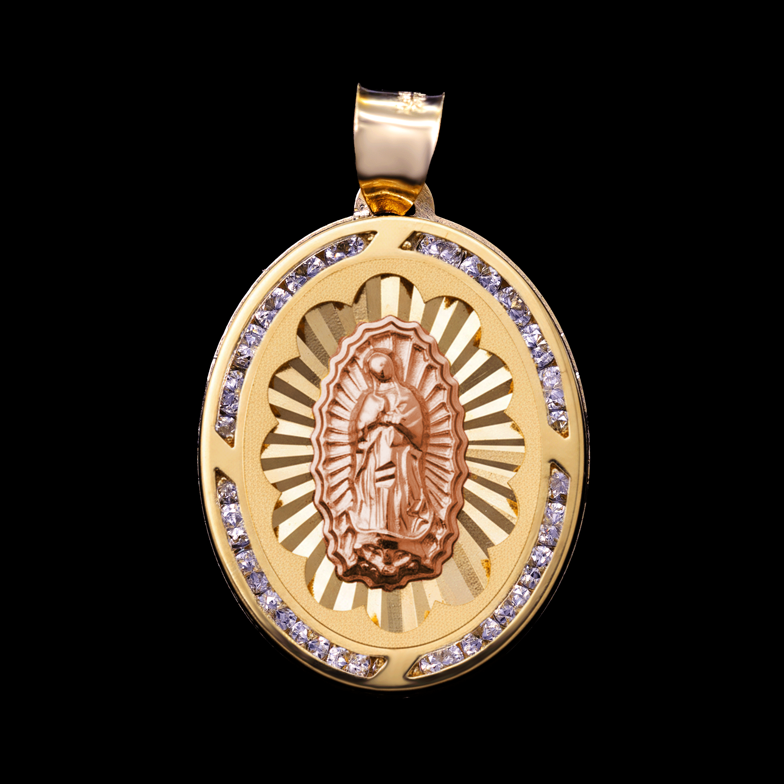 Medalla Virgen Rosa Fondo Amarillo con Resplandor Zirconias en Bisel Chica